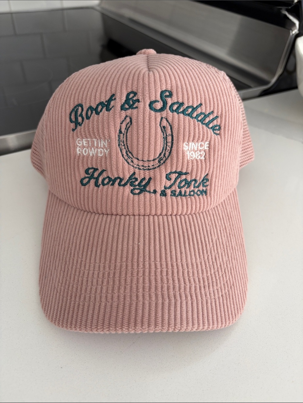 NWT - ANTHROPOLOGIE - Pink Corduroy 'Boot & Saddle' Honky Tonk Cap